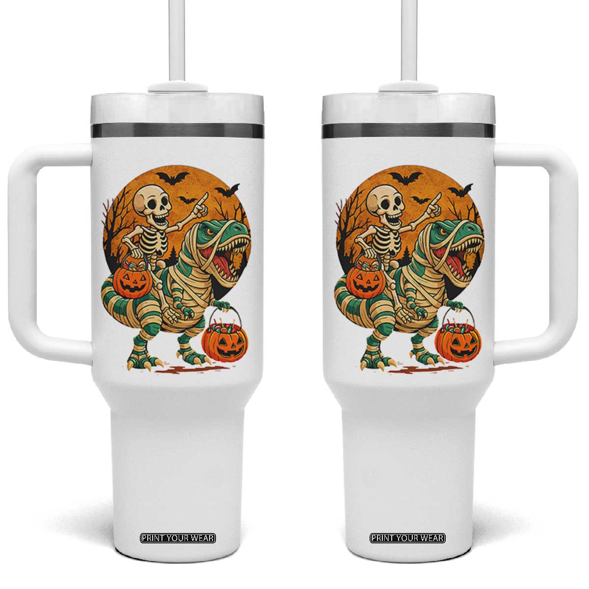 Funny Skeleton Riding Mummy Dinosaur Halloween Tumbler With Handle TS12 One Size: 40 oz White Print Your Wear