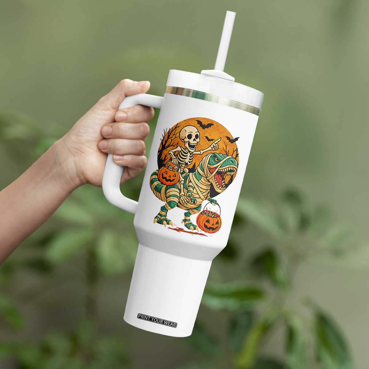 Funny Skeleton Riding Mummy Dinosaur Halloween Tumbler With Handle TS12 Print Your Wear