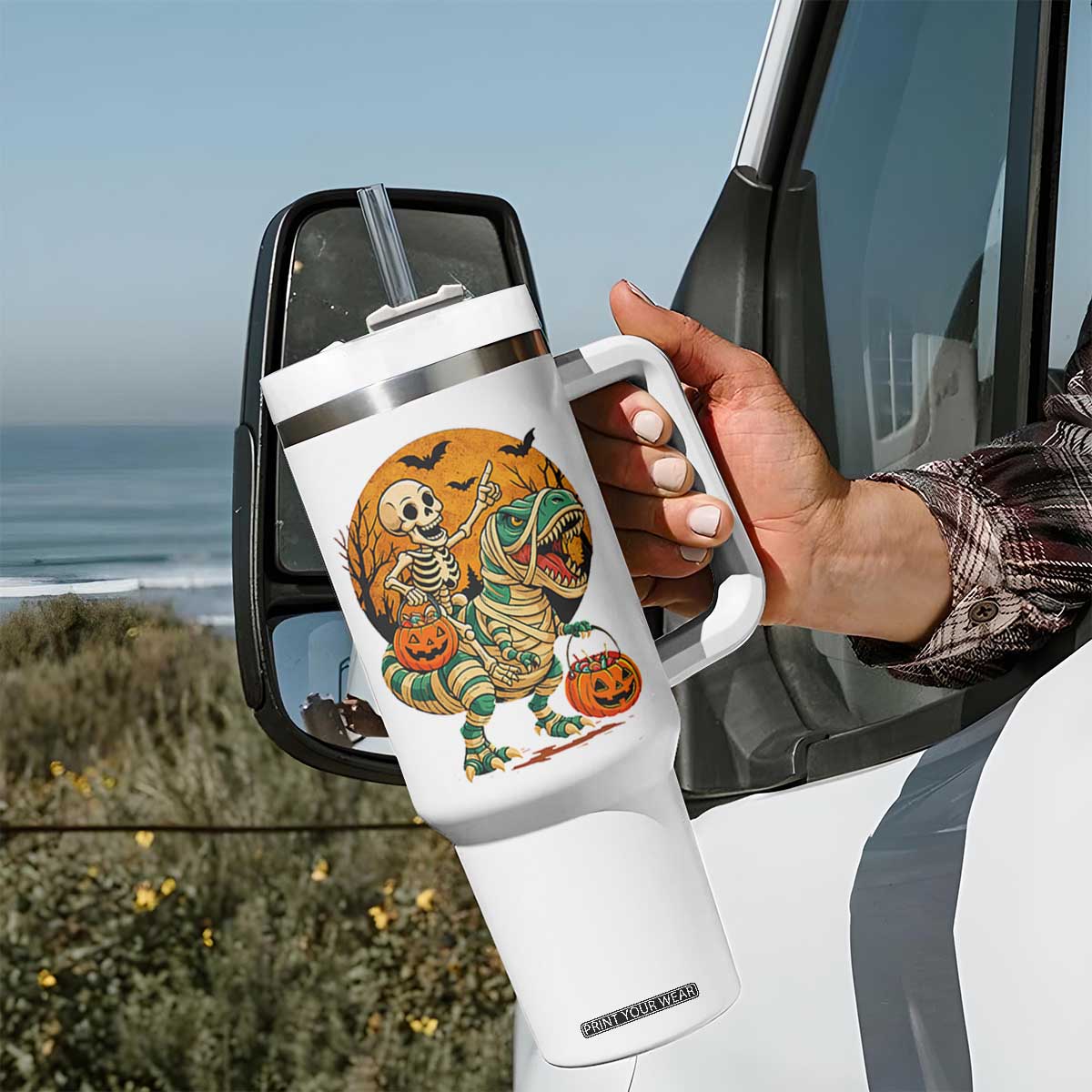 Funny Skeleton Riding Mummy Dinosaur Halloween Tumbler With Handle TS12 Print Your Wear