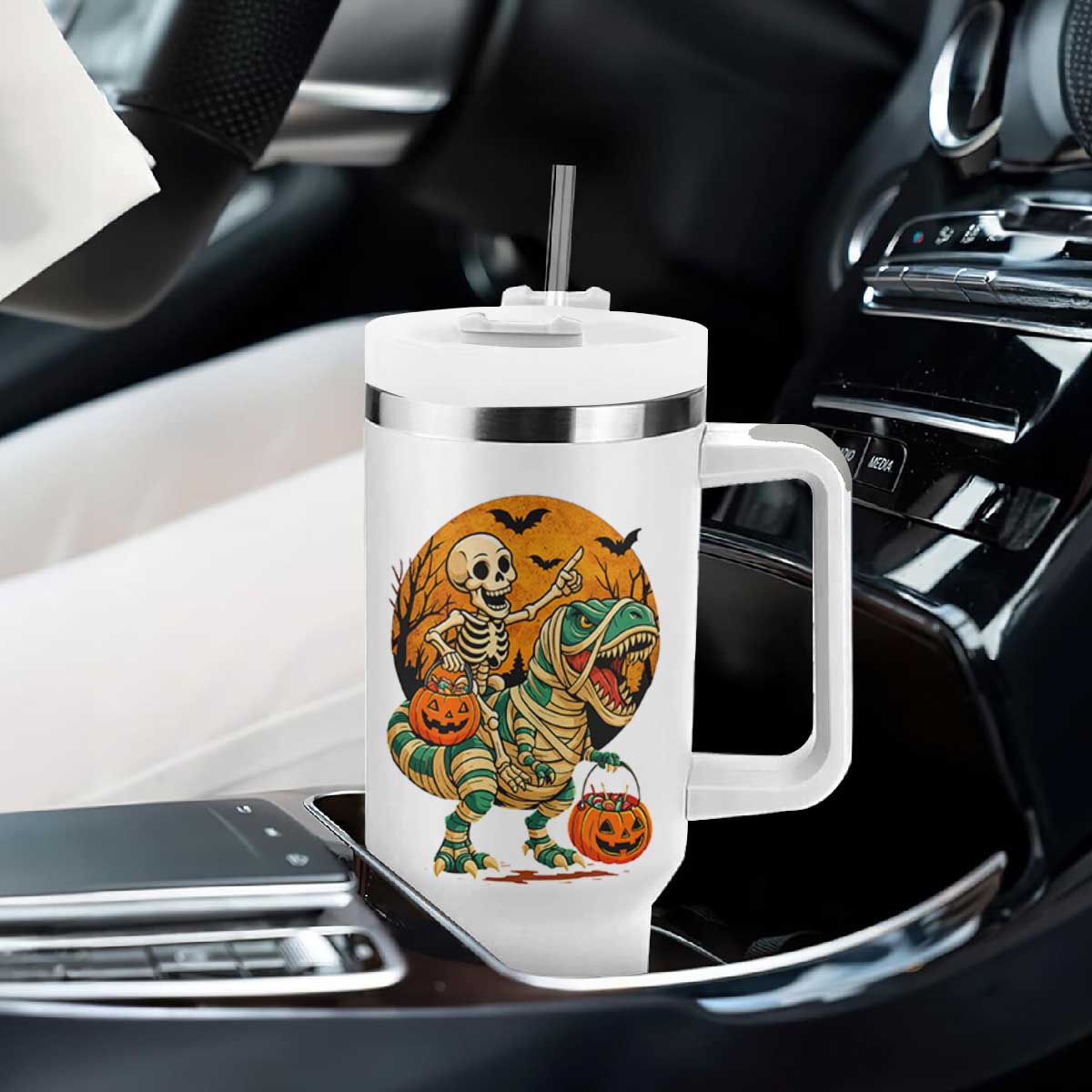 Funny Skeleton Riding Mummy Dinosaur Halloween Tumbler With Handle TS12 Print Your Wear