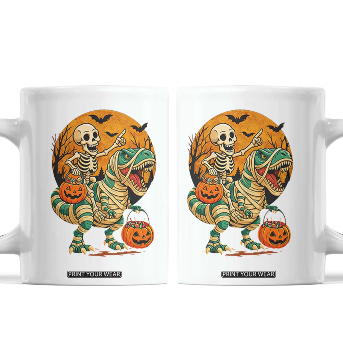 Funny Skeleton Riding Mummy Dinosaur Halloween Coffee Mug TS12 White Print Your Wear