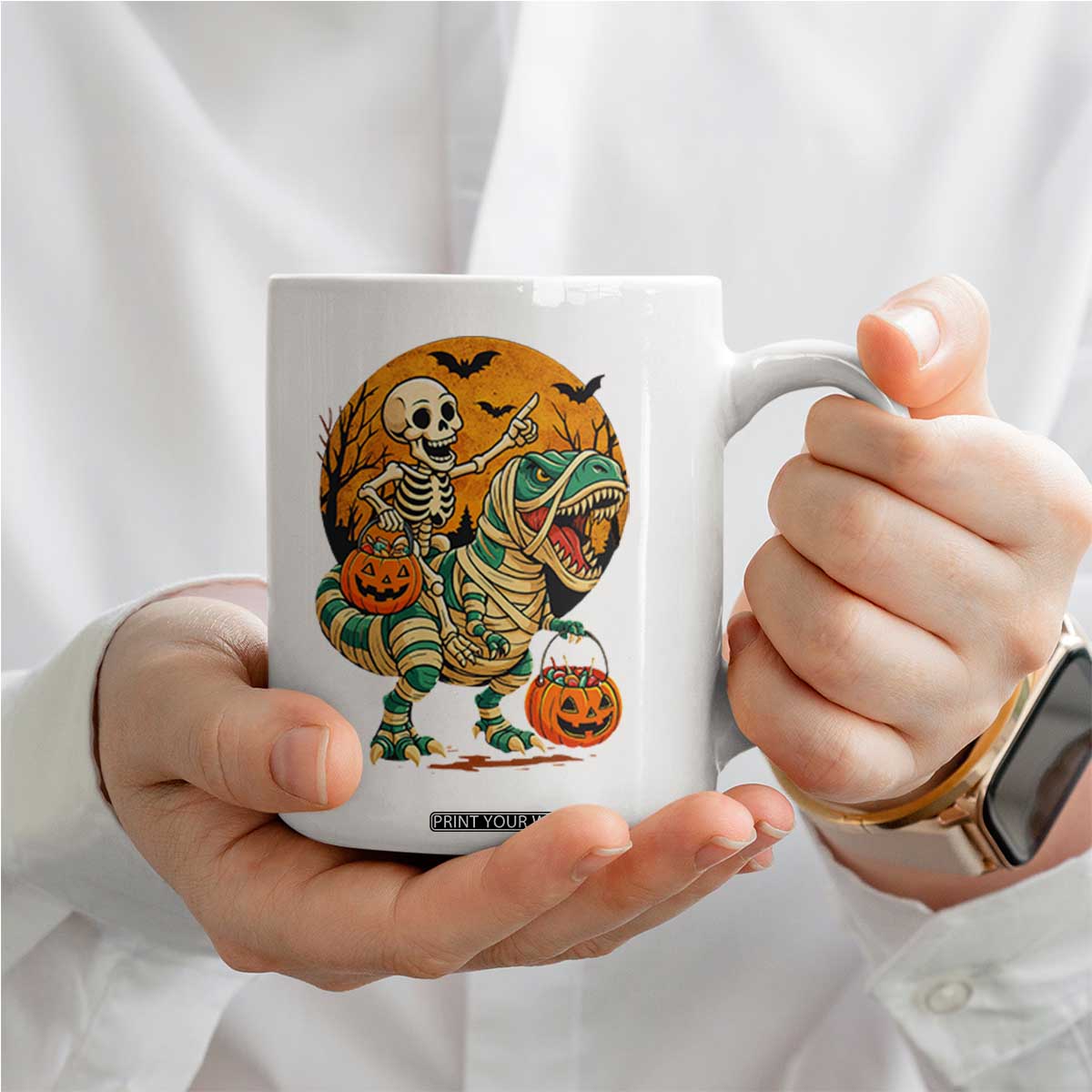 Funny Skeleton Riding Mummy Dinosaur Halloween Coffee Mug TS12 Print Your Wear