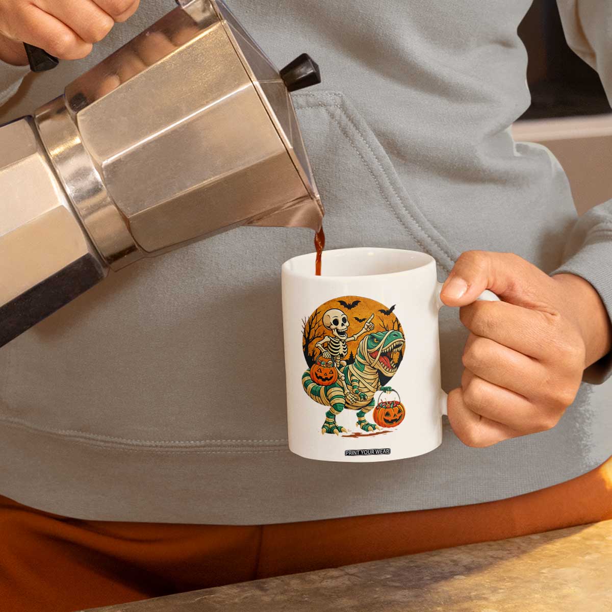Funny Skeleton Riding Mummy Dinosaur Halloween Coffee Mug TS12 Print Your Wear