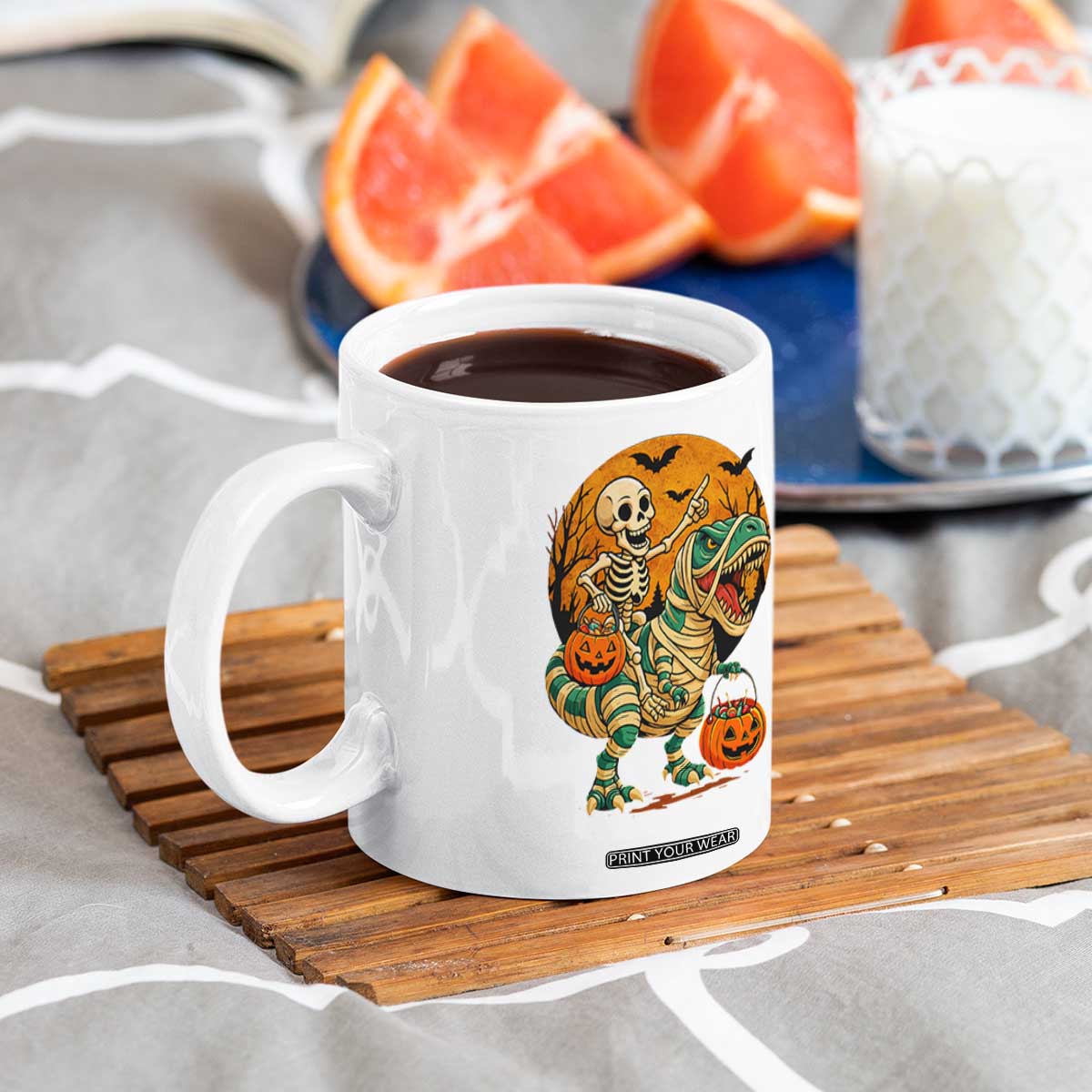 Funny Skeleton Riding Mummy Dinosaur Halloween Coffee Mug TS12 Print Your Wear