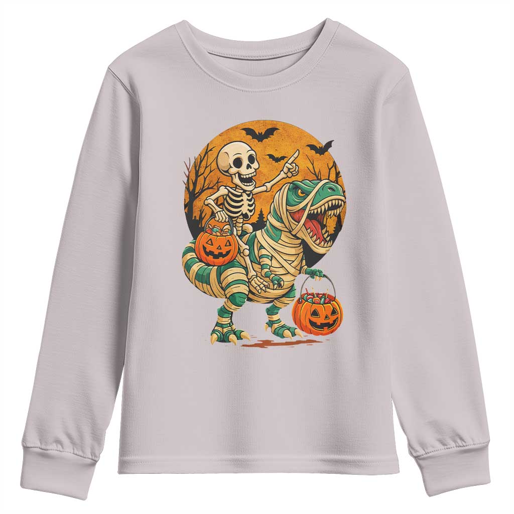 Funny Skeleton Riding Mummy Dinosaur Halloween Youth Sweatshirt TS12 Ice Gray Print Your Wear