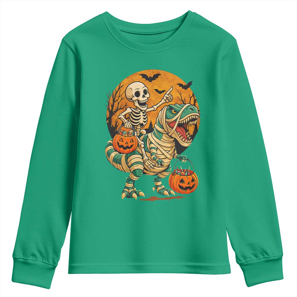Funny Skeleton Riding Mummy Dinosaur Halloween Youth Sweatshirt TS12 Irish Green Print Your Wear