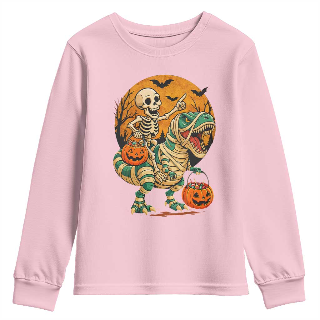 Funny Skeleton Riding Mummy Dinosaur Halloween Youth Sweatshirt TS12 Light Pink Print Your Wear
