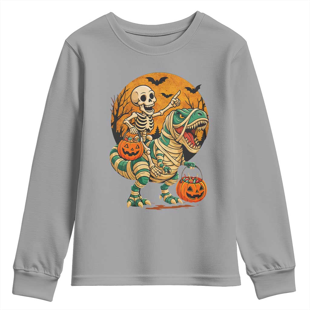 Funny Skeleton Riding Mummy Dinosaur Halloween Youth Sweatshirt TS12 Sport Gray Print Your Wear