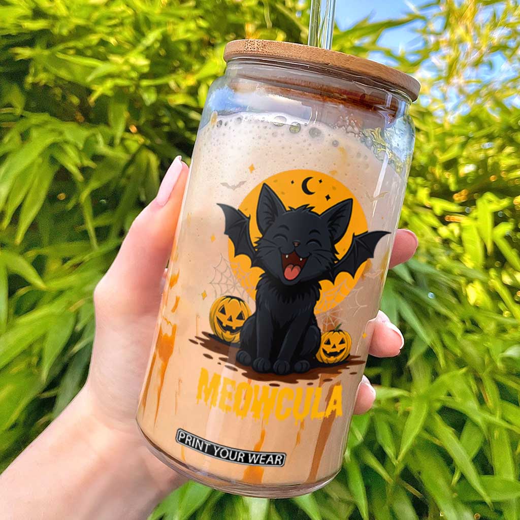 Black Cat Halloween Glass Can Meowcula Cute Smilling With Bat TS12 White Print Your Wear