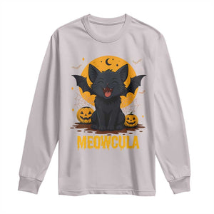 Black Cat Halloween Long Sleeve Shirt Meowcula Cute Smilling With Bat TS12 Ice Gray Print Your Wear