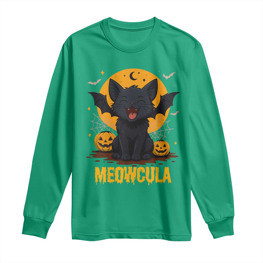 Black Cat Halloween Long Sleeve Shirt Meowcula Cute Smilling With Bat TS12 Irish Green Print Your Wear