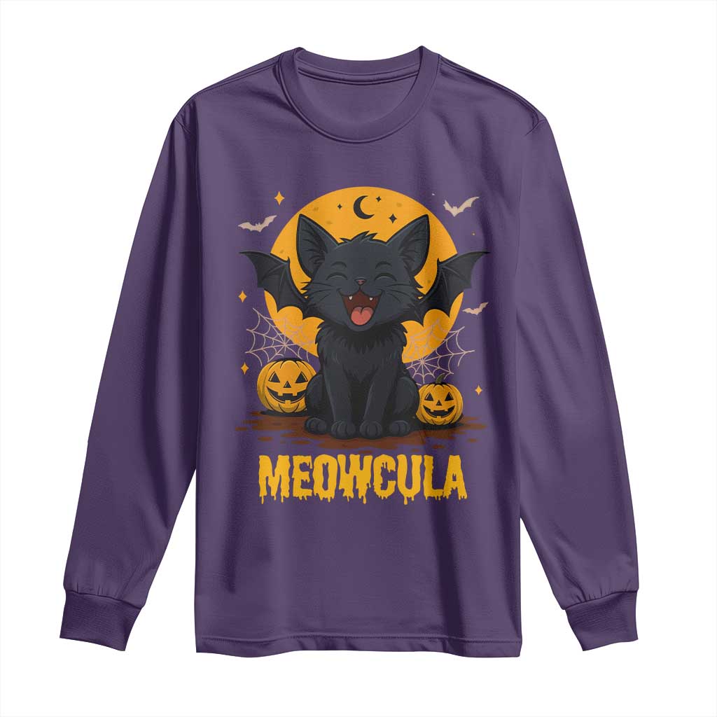 Black Cat Halloween Long Sleeve Shirt Meowcula Cute Smilling With Bat TS12 Purple Print Your Wear