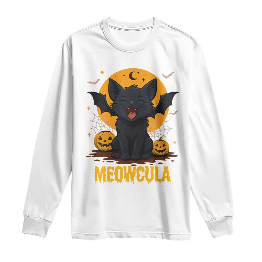 Black Cat Halloween Long Sleeve Shirt Meowcula Cute Smilling With Bat TS12 White Print Your Wear