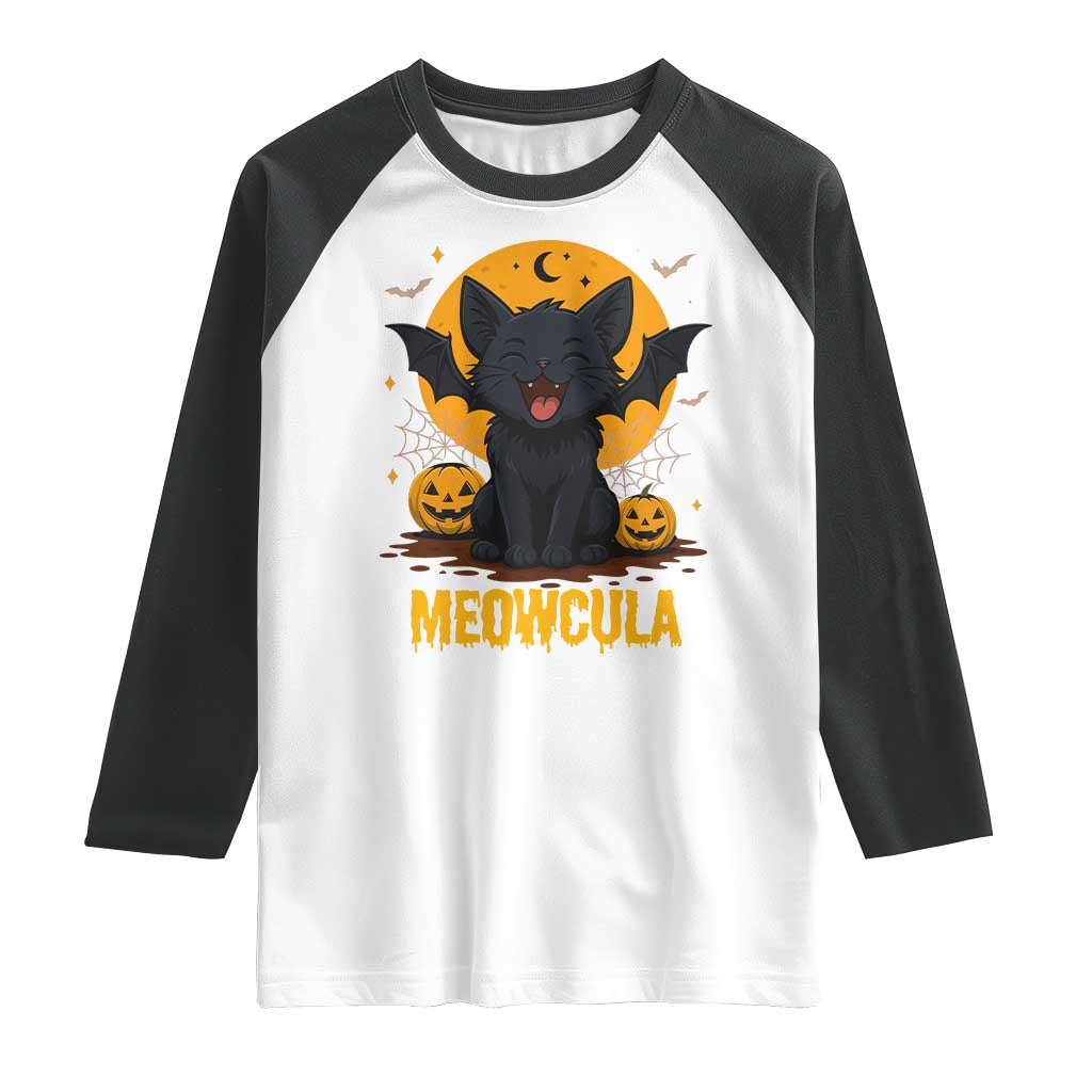 Black Cat Halloween Raglan Shirt Meowcula Cute Smilling With Bat TS12 White Black Print Your Wear