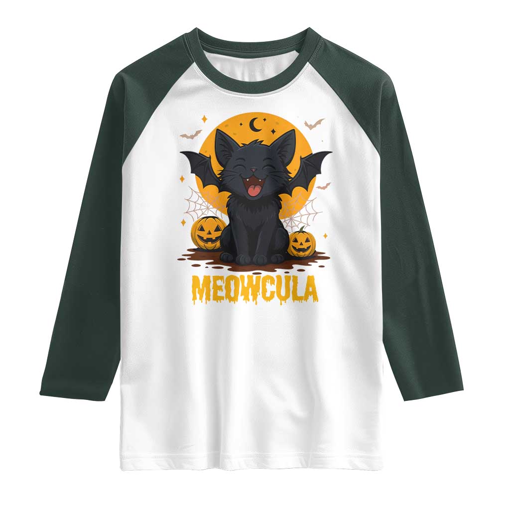 Black Cat Halloween Raglan Shirt Meowcula Cute Smilling With Bat TS12 White Dark Forest Green Print Your Wear