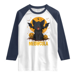 Black Cat Halloween Raglan Shirt Meowcula Cute Smilling With Bat TS12 White Navy Print Your Wear