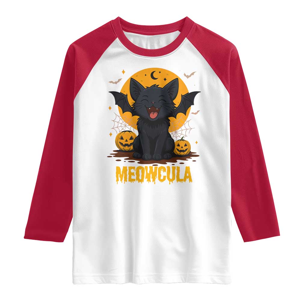 Black Cat Halloween Raglan Shirt Meowcula Cute Smilling With Bat TS12 White Red Print Your Wear