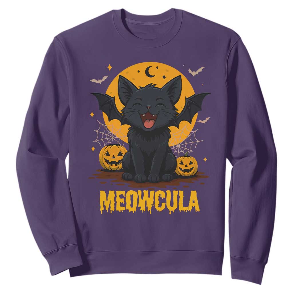 Black Cat Halloween Sweatshirt Meowcula Cute Smilling With Bat TS12 Purple Print Your Wear