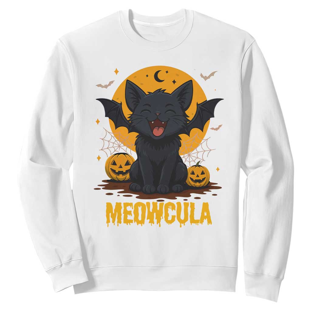 Black Cat Halloween Sweatshirt Meowcula Cute Smilling With Bat TS12 White Print Your Wear
