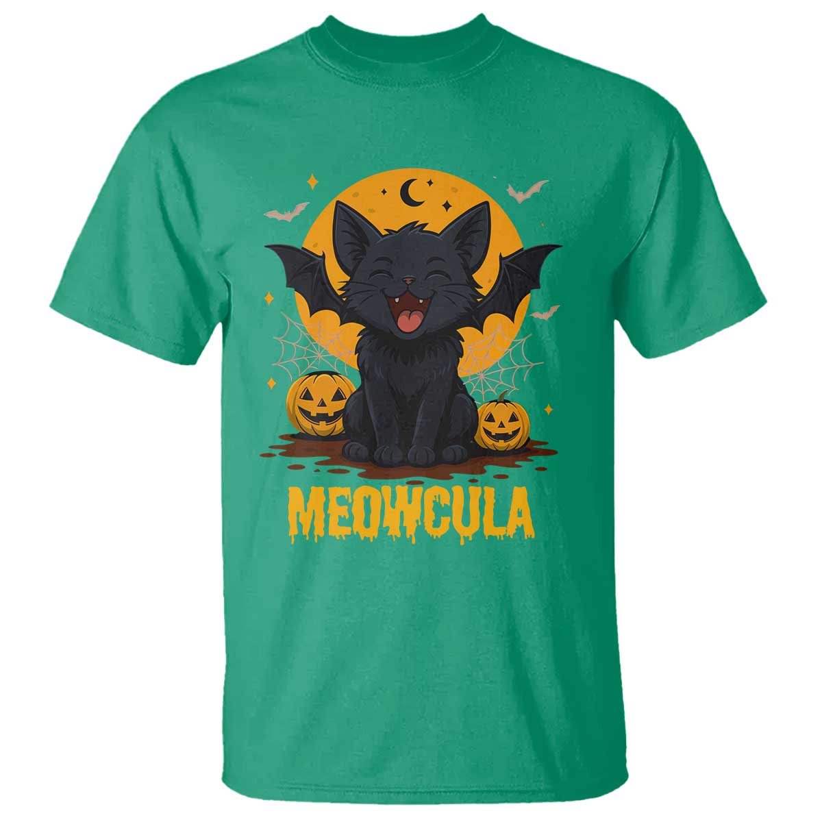 Black Cat Halloween T Shirt Meowcula Cute Smilling With Bat TS12 Irish Green Print Your Wear