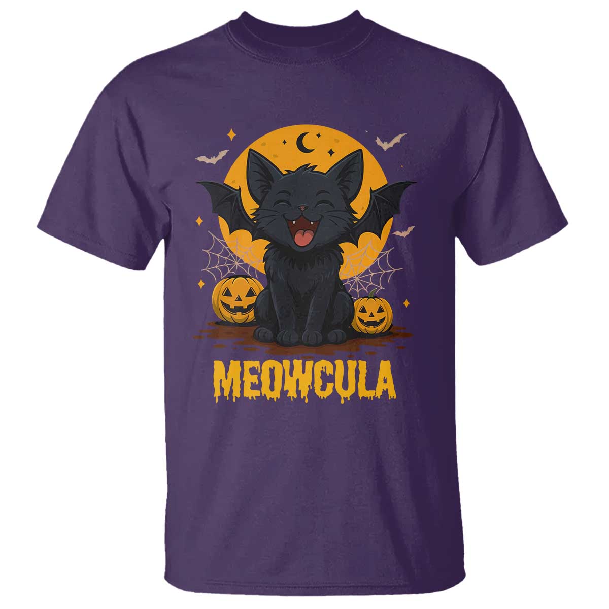 Black Cat Halloween T Shirt Meowcula Cute Smilling With Bat TS12 Purple Print Your Wear