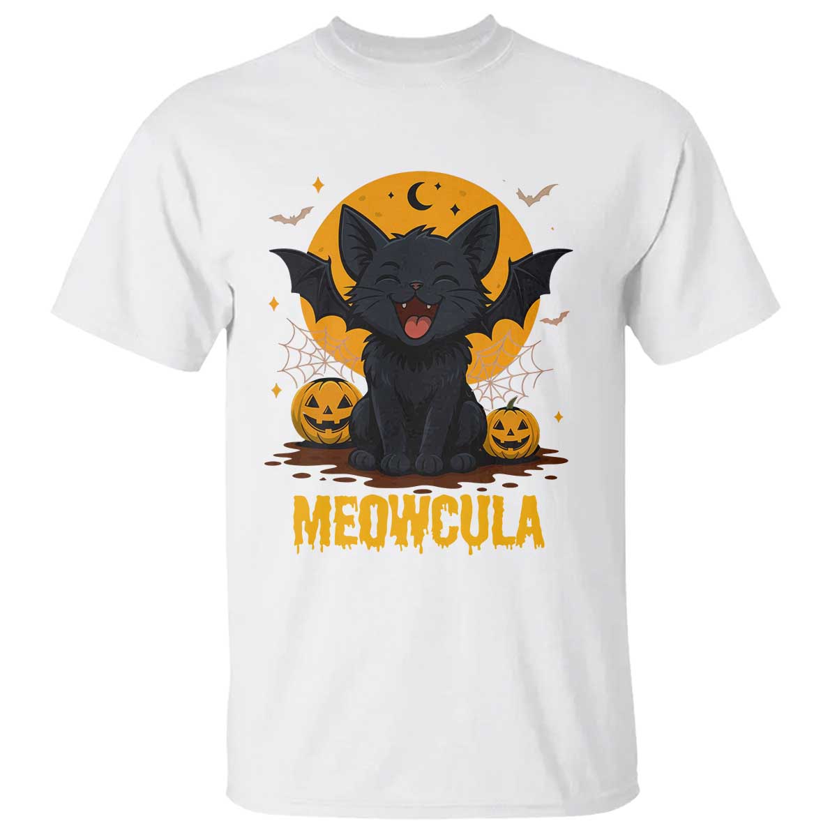 Black Cat Halloween T Shirt Meowcula Cute Smilling With Bat TS12 White Print Your Wear
