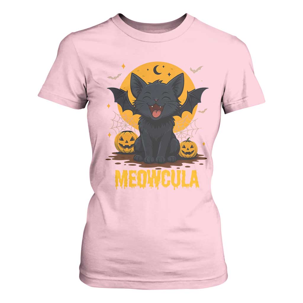 Black Cat Halloween T Shirt For Women Meowcula Cute Smilling With Bat TS12 Light Pink Print Your Wear