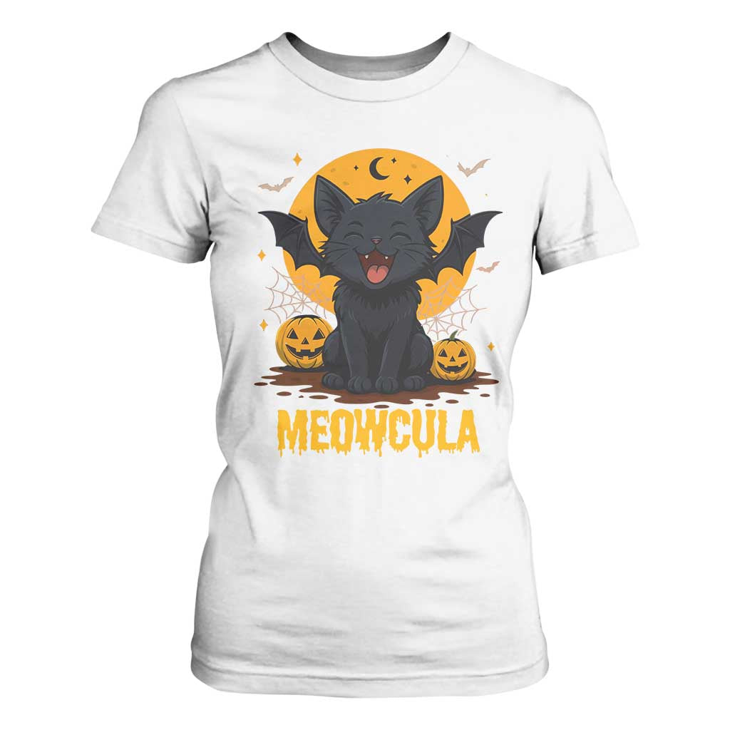 Black Cat Halloween T Shirt For Women Meowcula Cute Smilling With Bat TS12 White Print Your Wear