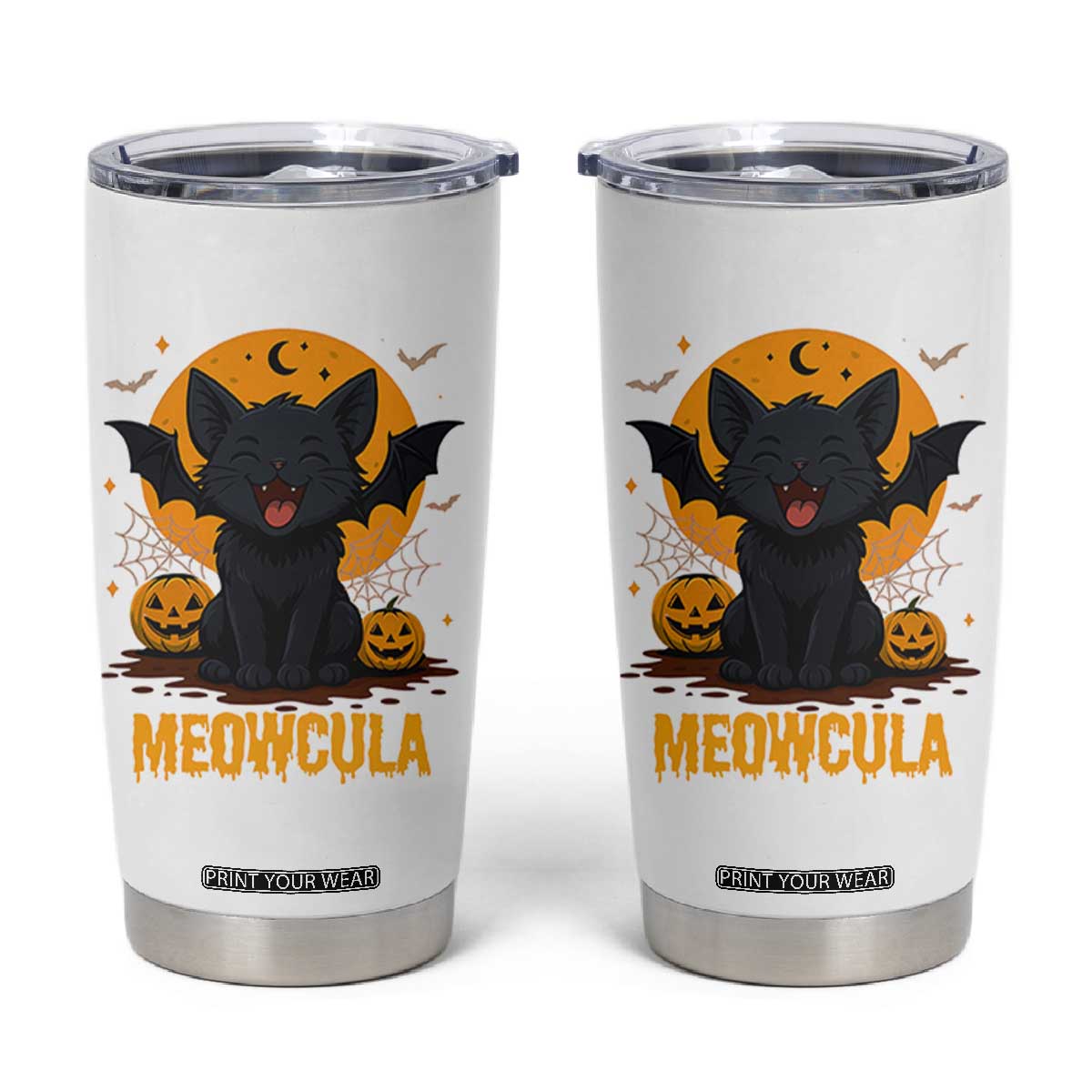 Black Cat Halloween Tumbler Cup Meowcula Cute Smilling With Bat TS12 White Print Your Wear