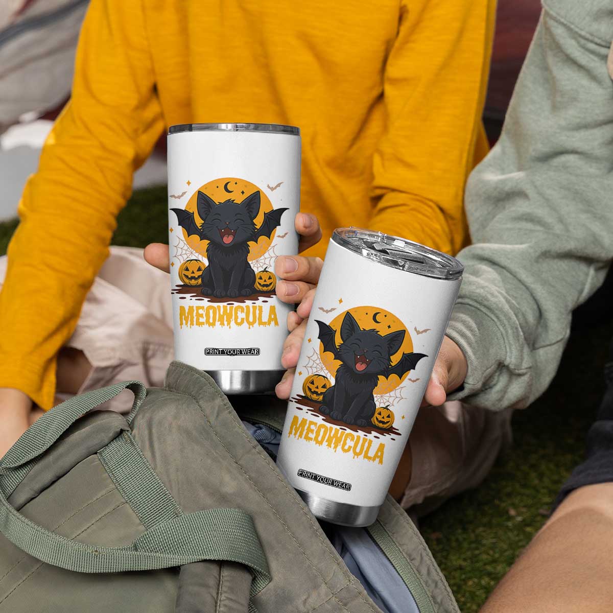 Black Cat Halloween Tumbler Cup Meowcula Cute Smilling With Bat TS12 Print Your Wear