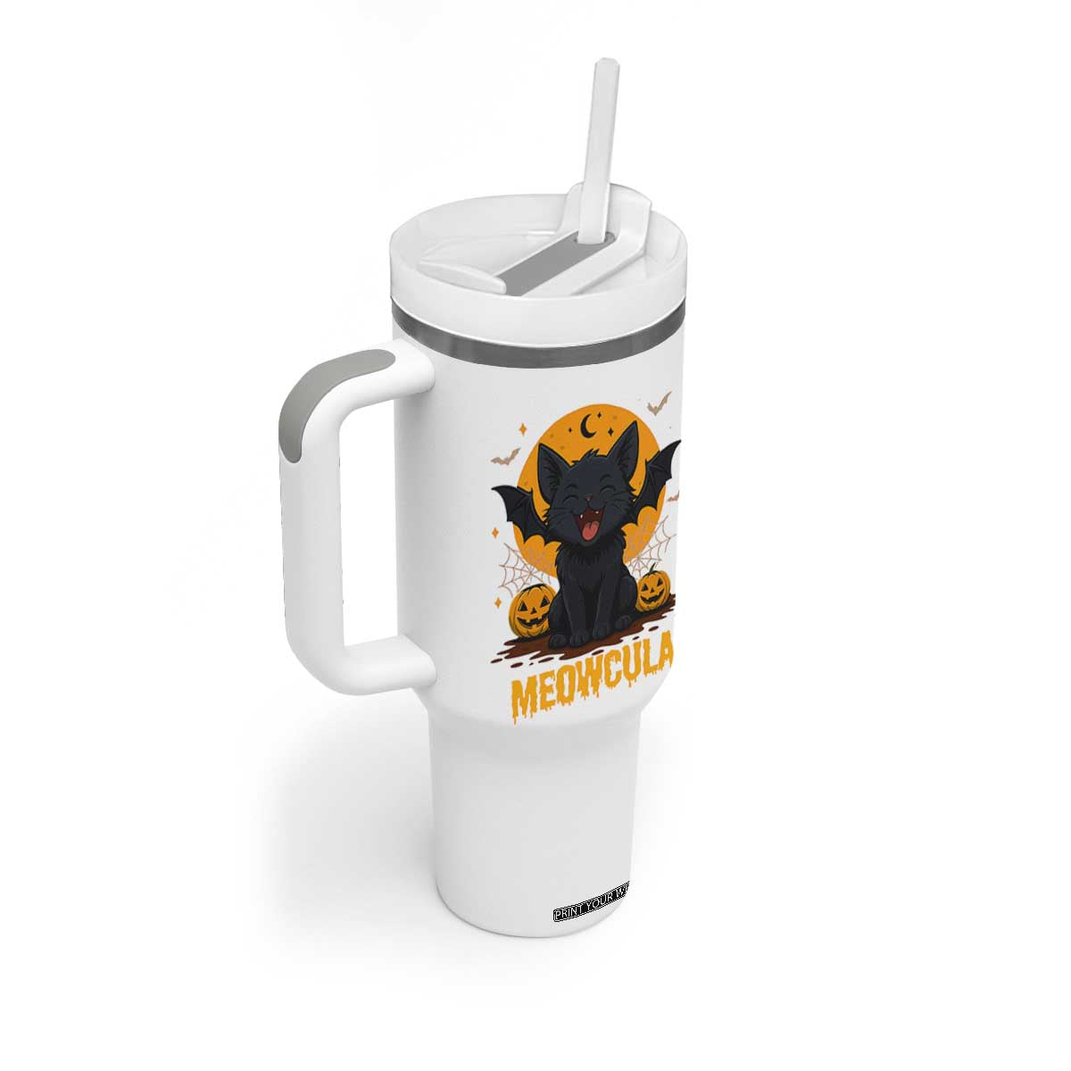 Black Cat Halloween Tumbler With Handle Meowcula Cute Smilling With Bat TS12 Print Your Wear