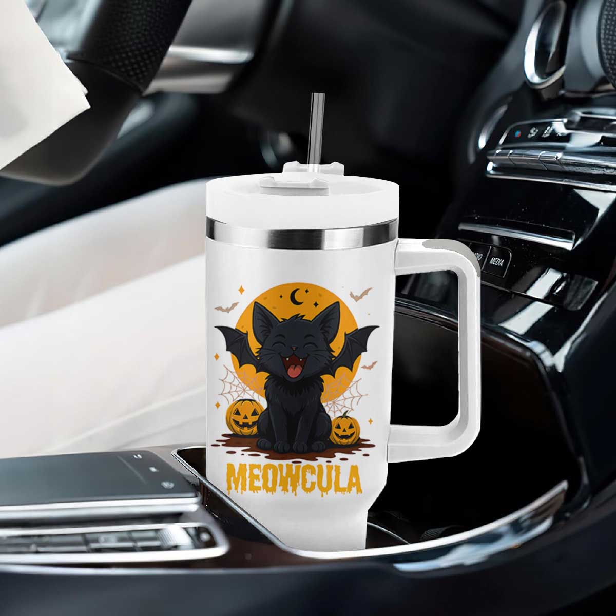 Black Cat Halloween Tumbler With Handle Meowcula Cute Smilling With Bat TS12 Print Your Wear