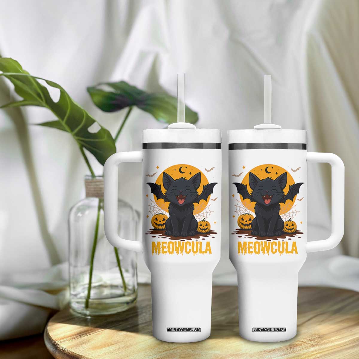 Black Cat Halloween Tumbler With Handle Meowcula Cute Smilling With Bat TS12 Print Your Wear