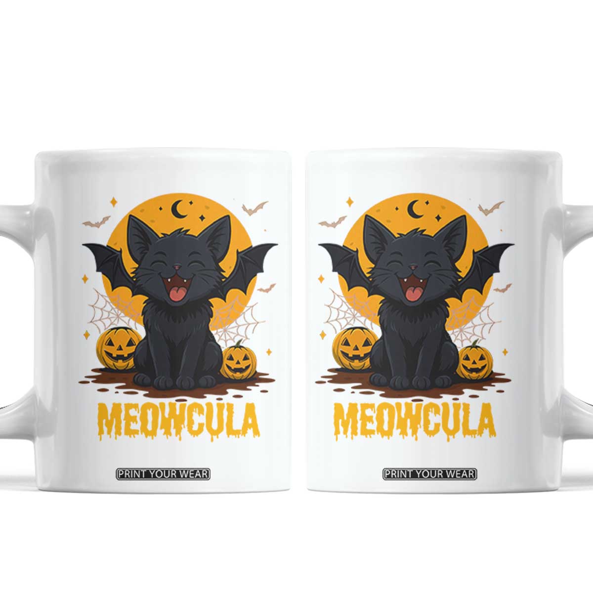 Black Cat Halloween Coffee Mug Meowcula Cute Smilling With Bat TS12 White Print Your Wear
