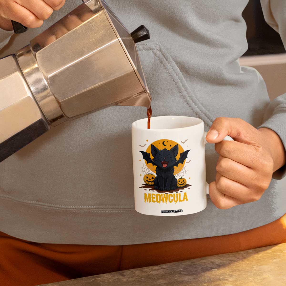 Black Cat Halloween Coffee Mug Meowcula Cute Smilling With Bat TS12 Print Your Wear