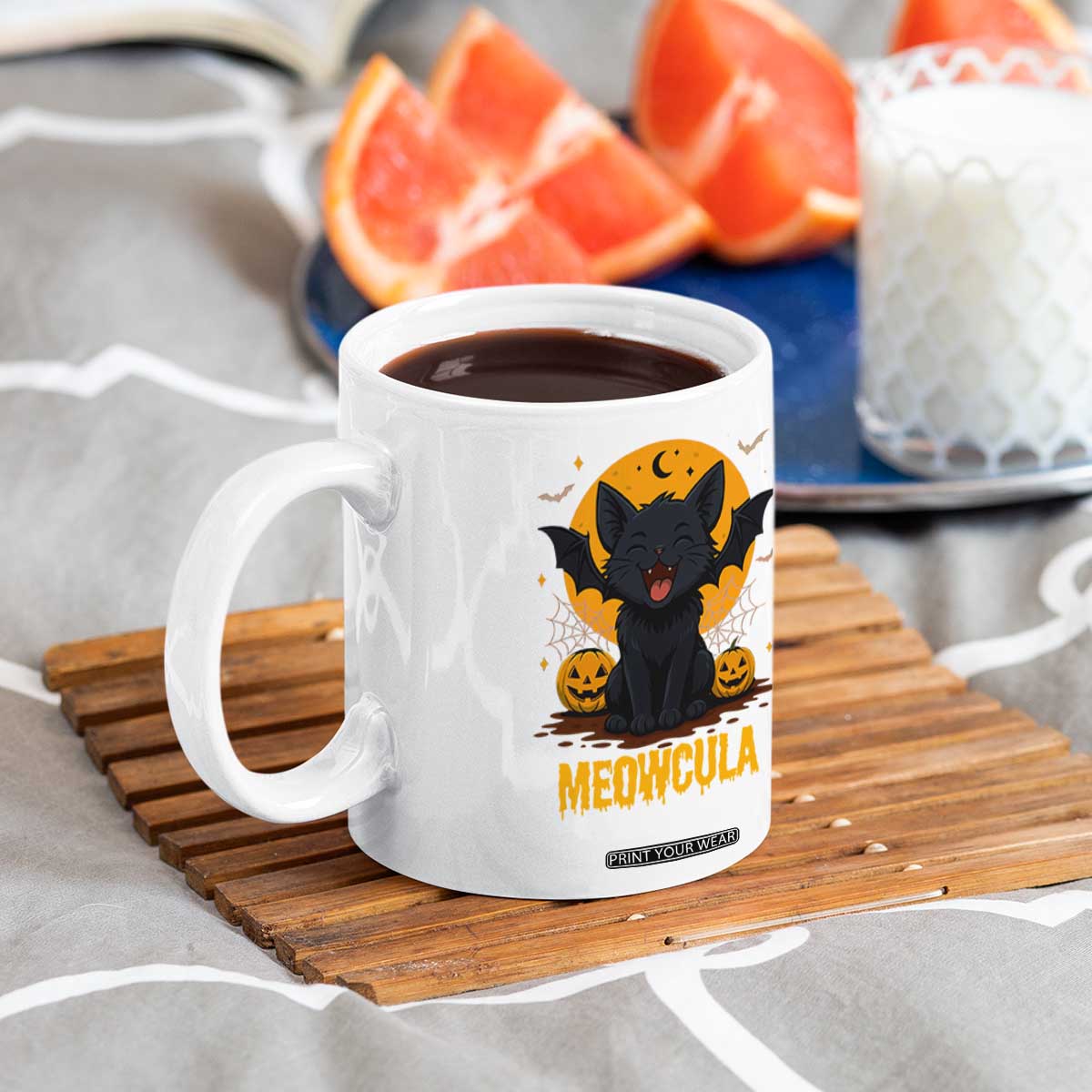 Black Cat Halloween Coffee Mug Meowcula Cute Smilling With Bat TS12 Print Your Wear