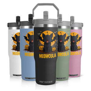 Black Cat Halloween Flip Straw Tumbler Meowcula Cute Smilling With Bat TS12 Print Your Wear