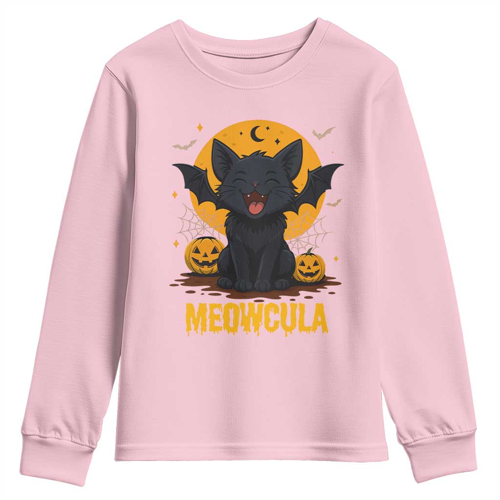 Black Cat Halloween Youth Sweatshirt Meowcula Cute Smilling With Bat TS12 Light Pink Print Your Wear