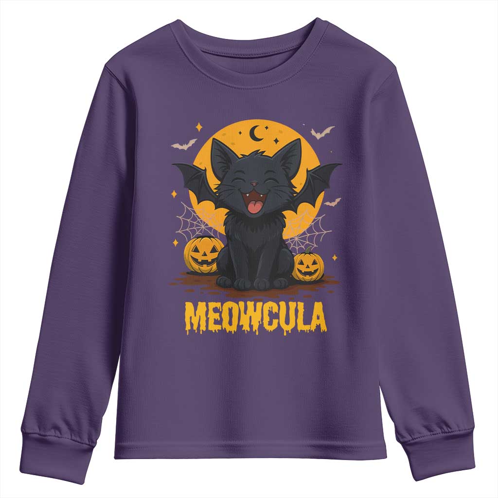 Black Cat Halloween Youth Sweatshirt Meowcula Cute Smilling With Bat TS12 Purple Print Your Wear