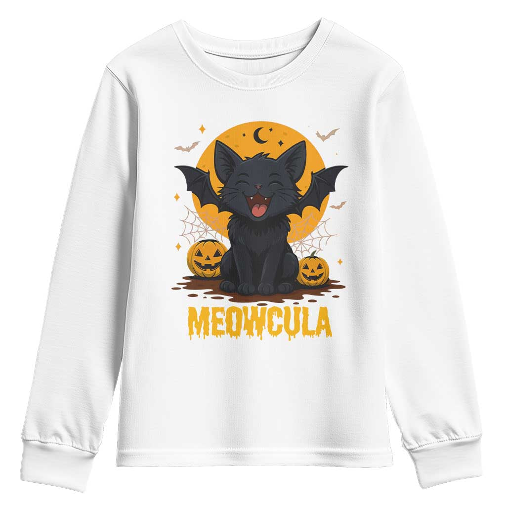 Black Cat Halloween Youth Sweatshirt Meowcula Cute Smilling With Bat TS12 White Print Your Wear