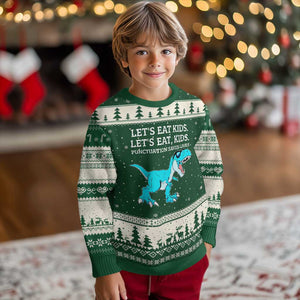 Lets Eat Kids Punctuation Saves Lives Ugly Christmas Sweater Dinosaur Funny Grammar TS12 Forest Green Beige Print Your Wear