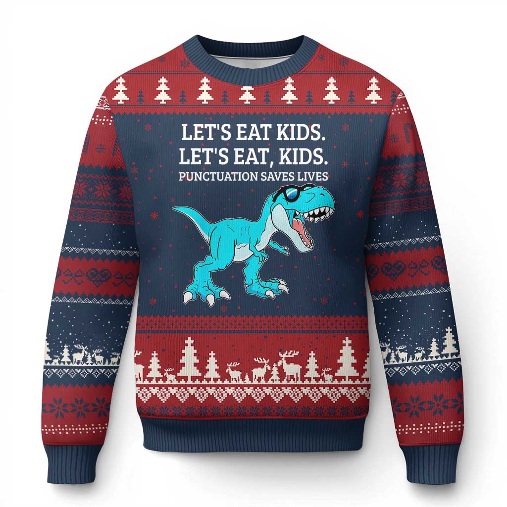 Lets Eat Kids Punctuation Saves Lives Ugly Christmas Sweater Dinosaur Funny Grammar TS12 Navy Red Print Your Wear