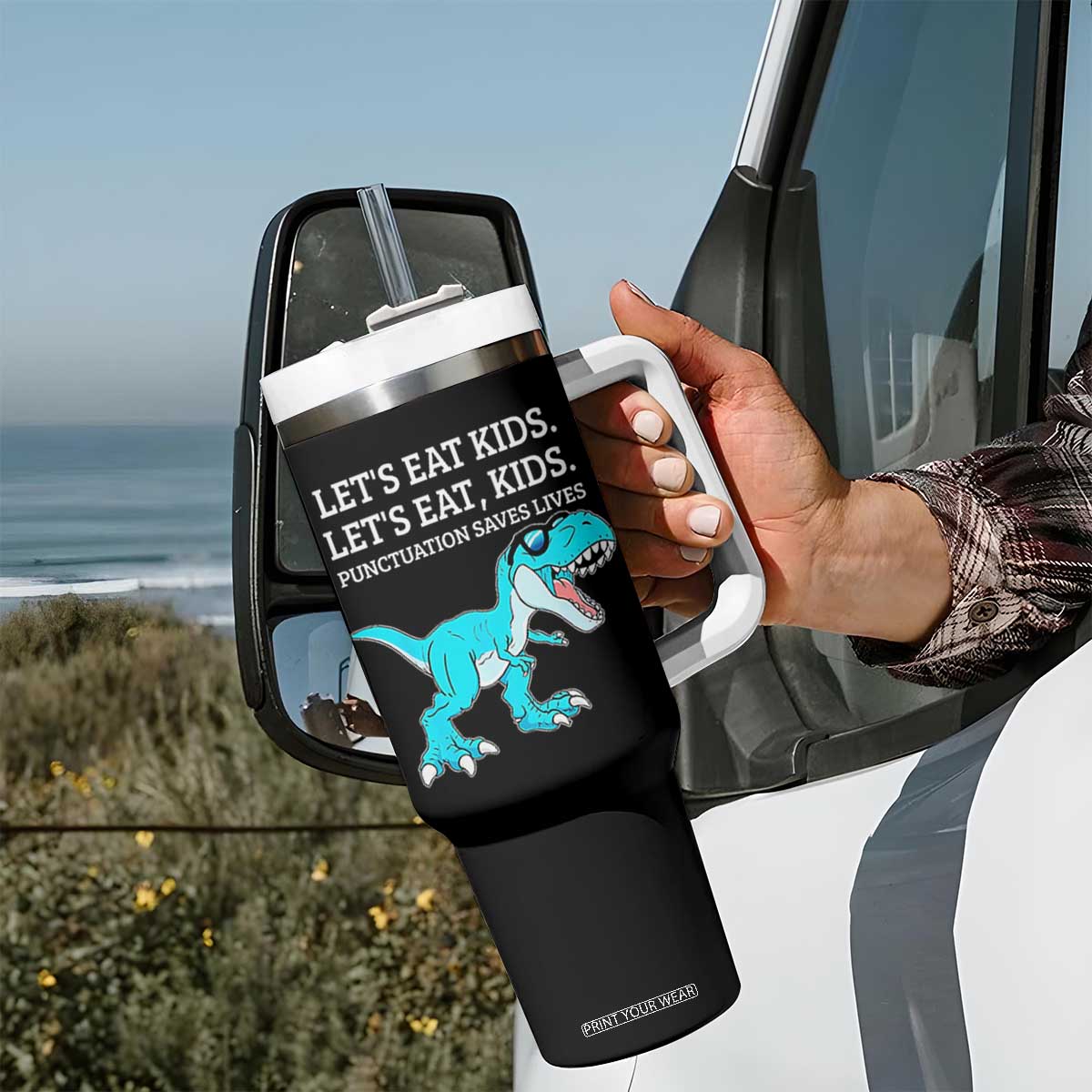 Lets Eat Kids Punctuation Saves Lives Tumbler With Handle Dinosaur Funny Grammar TS12 Print Your Wear