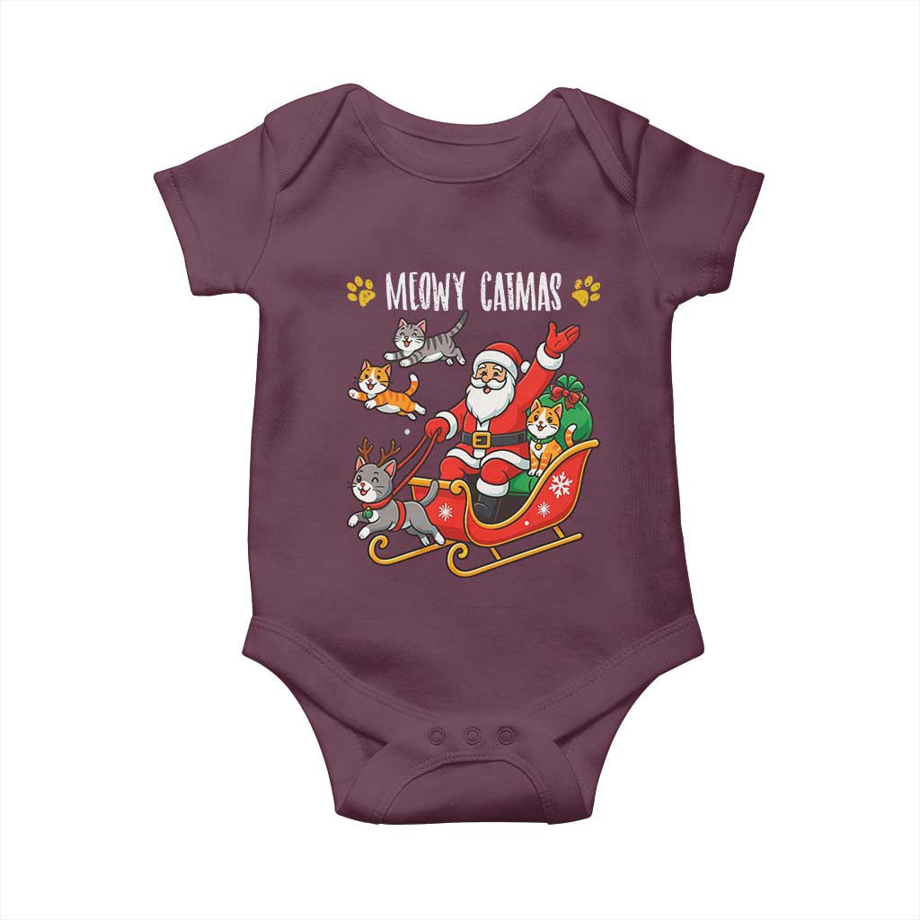 Funny Christmas Cat Baby Onesie Meowy Catmas Santa Sleigh Xmas TS12 Maroon Print Your Wear