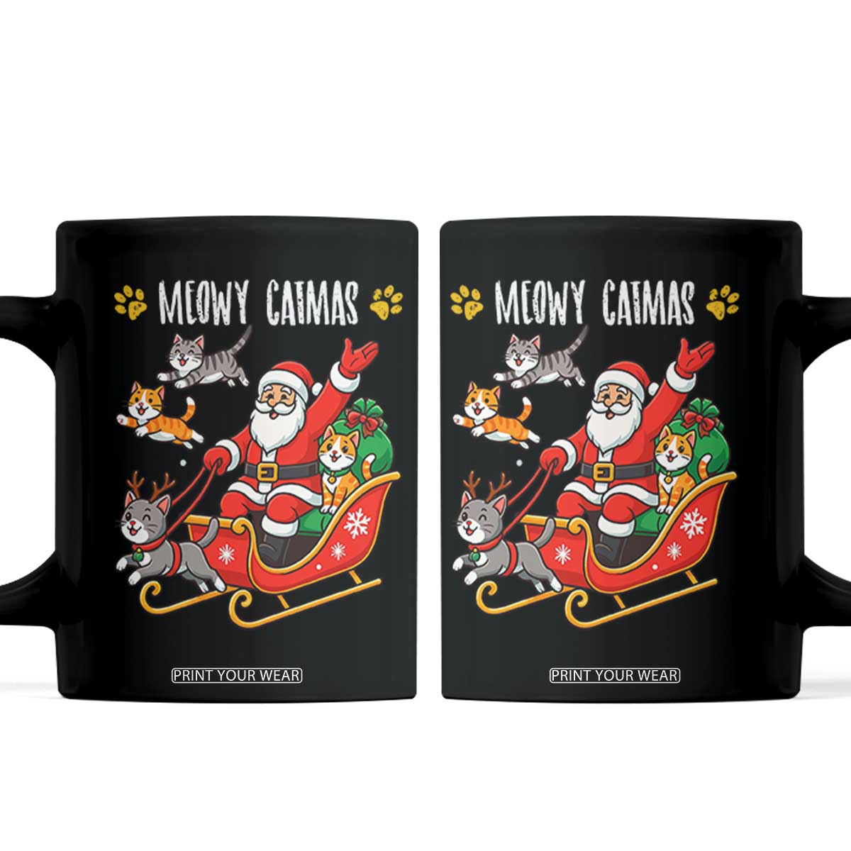 Funny Christmas Cat Coffee Mug Meowy Catmas Santa Sleigh Xmas TS12 Black Print Your Wear