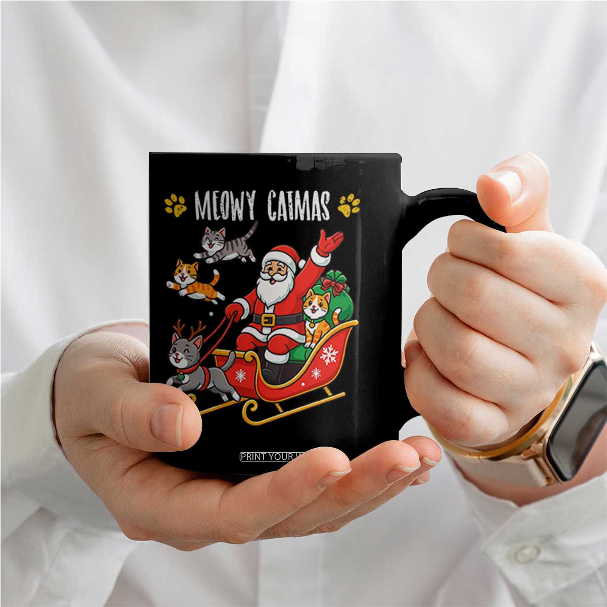 Funny Christmas Cat Coffee Mug Meowy Catmas Santa Sleigh Xmas TS12 Print Your Wear