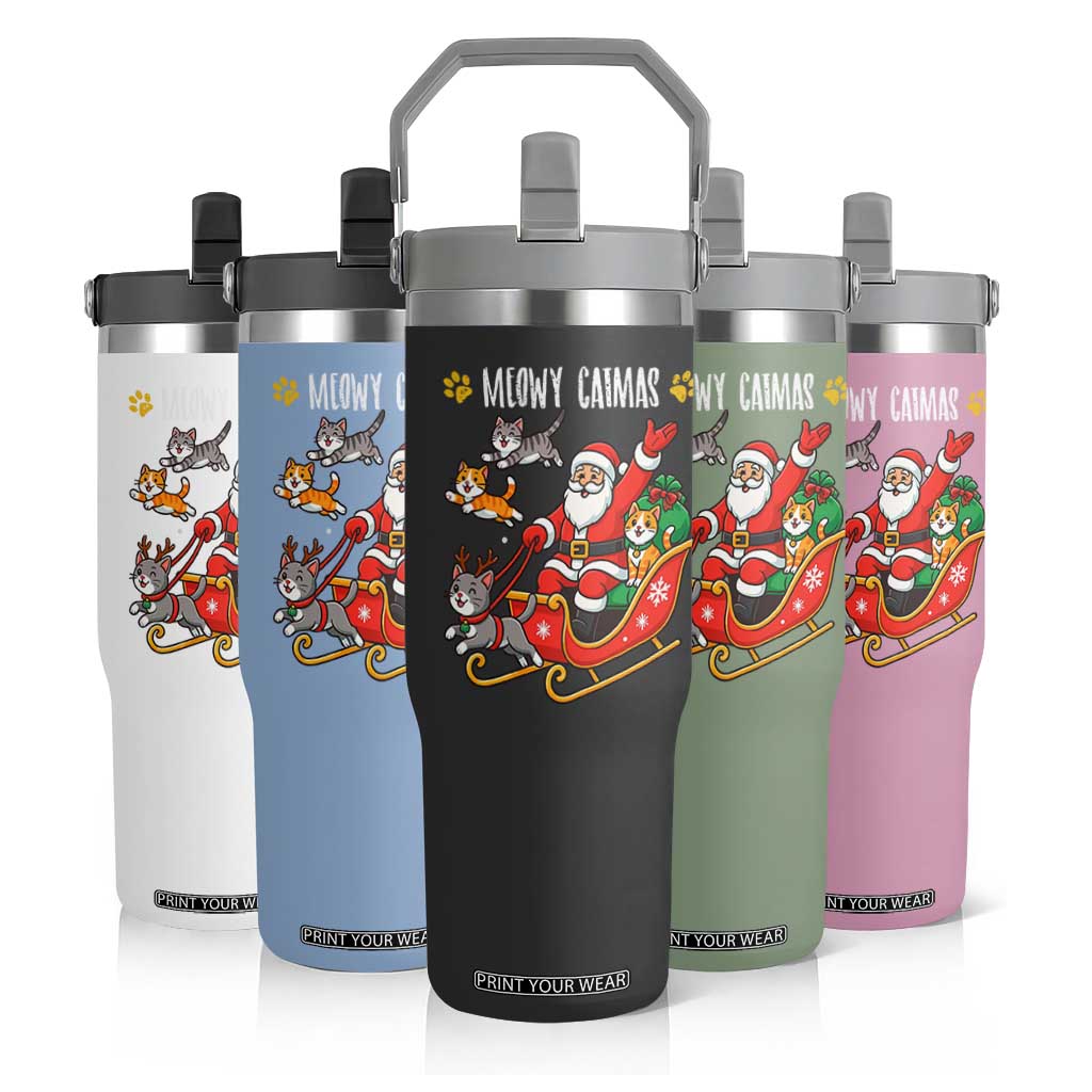 Funny Christmas Cat Flip Straw Tumbler Meowy Catmas Santa Sleigh Xmas TS12 Print Your Wear
