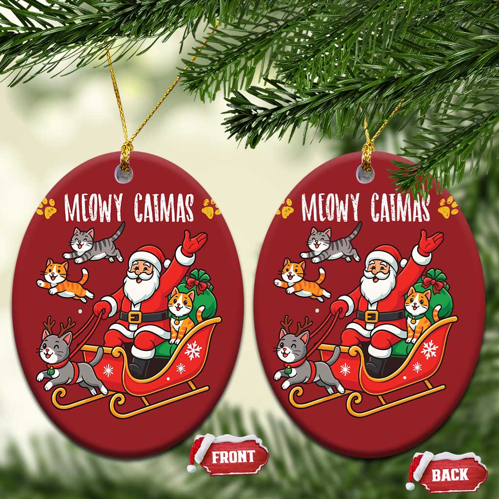 Funny Xmas Cat Christmas Ornament Meowy Catmas Santa Sleigh Xmas TS12 Oval Red Print Your Wear