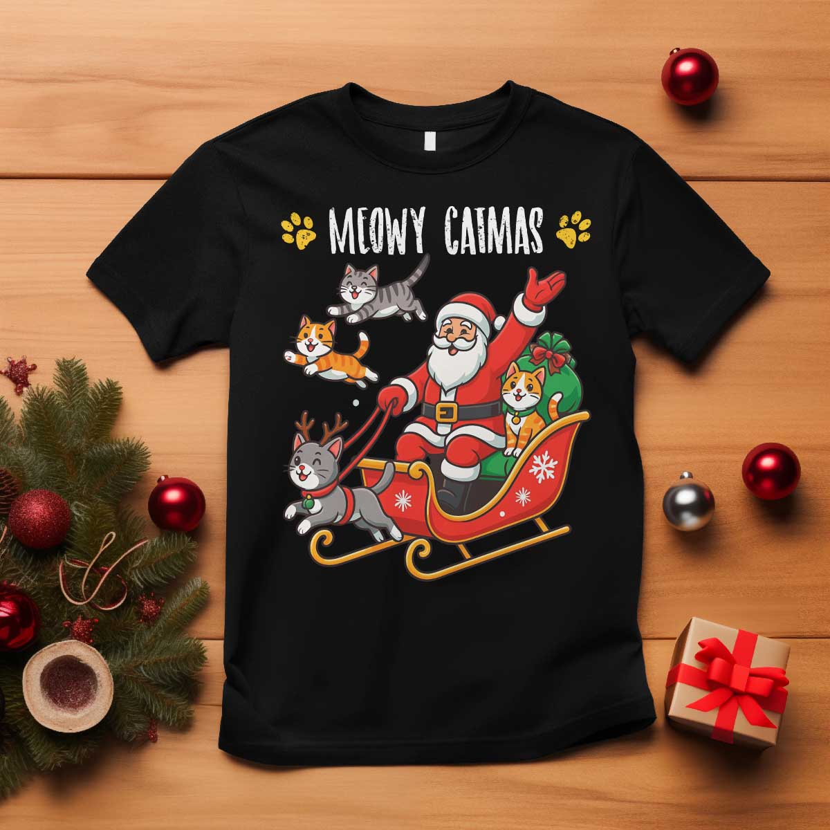Funny Christmas Cat T Shirt Meowy Catmas Santa Sleigh Xmas TS12 Black Print Your Wear