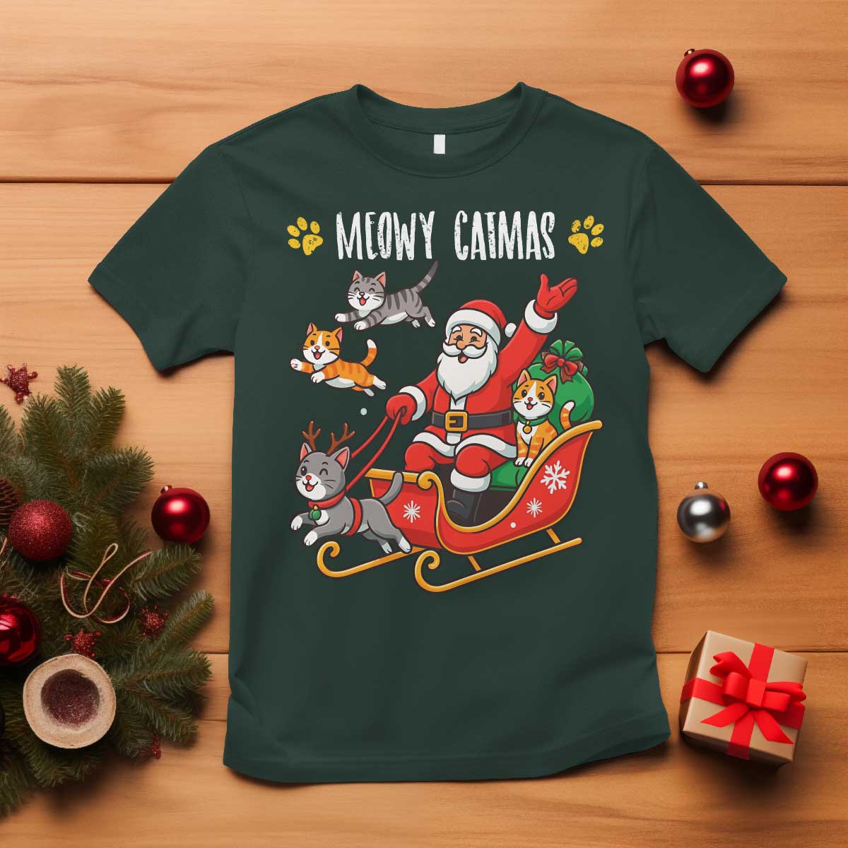 Funny Christmas Cat T Shirt Meowy Catmas Santa Sleigh Xmas TS12 Dark Forest Green Print Your Wear